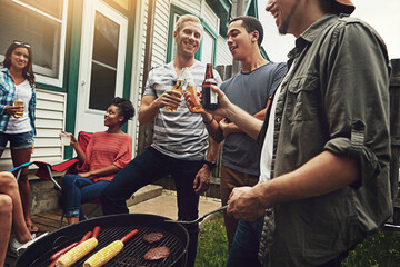 Wall Mural - Outdoor, alcohol and barbecue for friends, party and break for gathering in weekend and reunion in home. People, men and women with food to enjoy, meat and person cooking with grill, fun and dinner