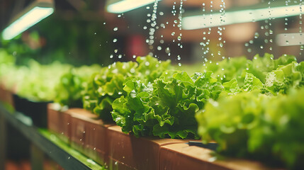 Wall Mural - indoor hydroponic farming setup where fresh green lettuce is being cultivated