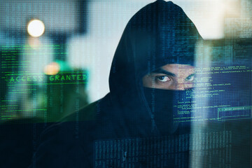 Wall Mural - overlay, hacker and portrait of man for programming, coding and information technology in dark. cybe