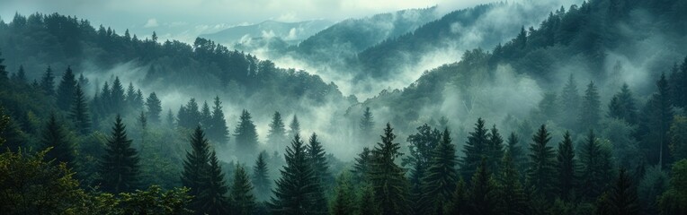 Wall Mural - Majestic Black Forest Mountainscape with Mystical Fog and Silhouetted Trees