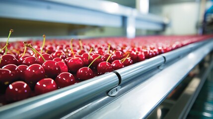 Wall Mural - A conveyor belt with a row of red cherries on it