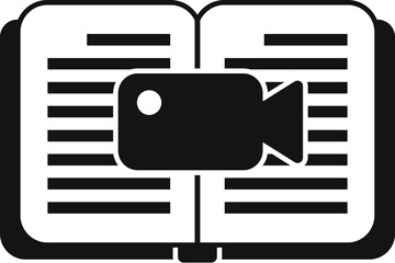 Sticker - Black and white icon depicting a book with a video camera, symbolizing multimedia learning