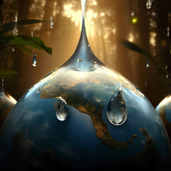 Wall Mural - Water drop with earth in deep forest, World Water Day