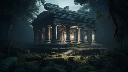 Wall Mural - Ancient temple in forest at night, overgrown ruins of old building. Surreal mystical fantasy artwork