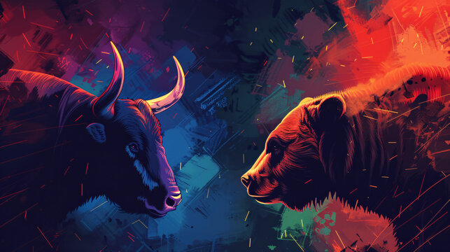 A digital illustration of a bull and a bear facing each other, symbolizing bull and bear markets. The background features a stock market chart with rising and falling trends. The colors are vibrant an