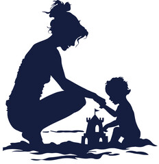 Mother playing with son building sand castle. Illustration silhouette over isolated transparent background