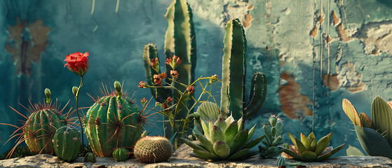 Wall Mural - a delightful arrangement of cacti and succulents against a textured blue background