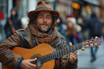 Canvas Print - A street performer captivating passersby with their mesmerizing music, drawing a crowd with their talent and charisma. Concept of artistic expression and performance. Generative Ai.