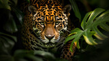 A jaguar stealthily stalking through the lush foliage of the Amazon jungle