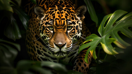 a jaguar stealthily stalking through the lush foliage of the amazon jungle