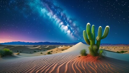 Wall Mural - An expansive desert nightscape with a vast, star-filled sky and a prominent Milky Way.