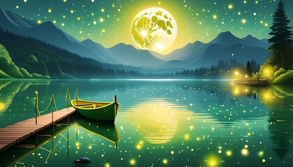 Wall Mural - night view.  Boats gently bobbing in the water, the reflection of the moon on the surface, a pier 