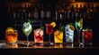 © Md Mojammel - Variety of alcoholic drinks on bar counter. Colorful cocktails on dark background