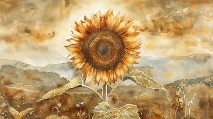 Wall Mural - Watercolor sketch of a sunflower reaching towards the sun with its golden petals and rich brown center