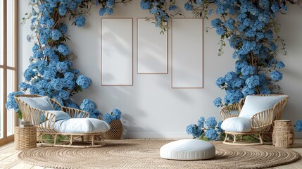 Minimalist wedding interior with blank posters and beautiful blue flowers on the walls