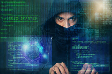 Wall Mural - coding overlay, hacker and portrait of man for programming, malware and information technology in da
