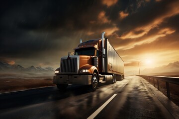 Wall Mural - Truck transport on the road at sunset and cargo