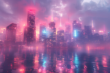 Wall Mural - a futuristic cityscape illuminated by neon lights and towering skyscrapers, bustling with activity a