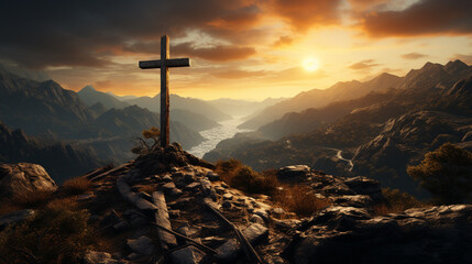 Good Friday concept with cross on top of a mountain at sunset background