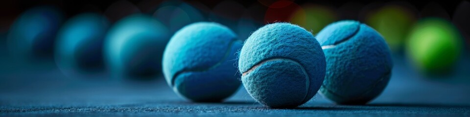 Wall Mural - Bright neon colored tennis balls on a dark blue background with extreme depth of field. 