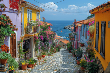 Wall Mural - A charming seaside town with quaint cobblestone streets and colorful houses, its coastal beauty enchanting visitors from near and far. Concept of coastal charm and allure. Generative Ai.