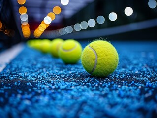 Sticker - Bright neon colored tennis balls on a dark blue background with extreme depth of field. 