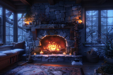 Sticker - A cozy fireplace crackling with warmth on a cold winter's night, its flickering flames casting a comforting glow. Concept of cozy comfort and relaxation. Generative Ai.