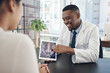 © peopleimages.com - X ray, patient and doctor with tablet in clinic for medical visit, health and wellness check. Woman, man and conversation in hospital with tech for scan, surgery advice or spine treatment agreement