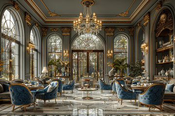 Sticker - An elegant tea salon adorned with crystal chandeliers and plush velvet chairs, offering a refined setting for afternoon tea service. Concept of luxury and indulgence. Generative Ai.