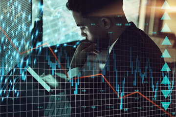 Poster - Business man, stress and thinking of trading with phone and computer stats or data analytics at night in overlay. Trader or analyst with worry for stock market crash, inflation and investment fail