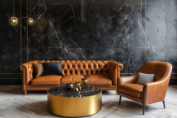 Canvas Print - Leather sofa and armchair near golden round coffee table against of black marble paneling wall. Interior design of modern living room. Created with generative AI