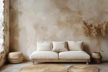 Wall Mural - Living room interior mockup in wabi-sabi style with low sofa jute rug and dried grass decoration on empty warm neutral wall background. 3d rendering illustration.
