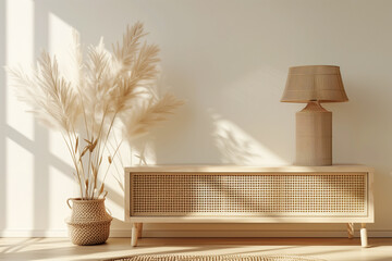 Wall Mural - Living room interior wall mockup in minimalist Japandi style with caned console wicker basket lamp and dried pampas grass in ceramic vase on empty warm white background. 3d rendering 3d illustration