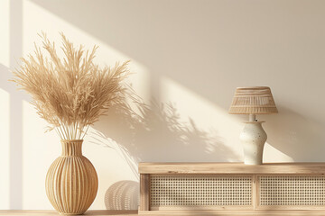 Wall Mural - Living room interior wall mockup in minimalist Japandi style with caned console wicker basket lamp and dried pampas grass in ceramic vase on empty warm white background. 3d rendering 3d illustration