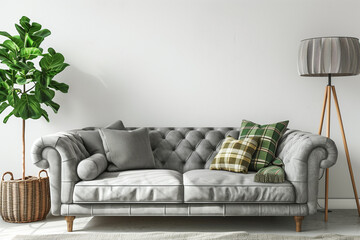 Wall Mural - Living room interior with gray velvet sofa pillows green plaid lamp and fiddle leaf tree in wicker basket on white wall background. 3D rendering.