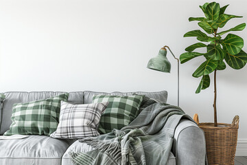Wall Mural - Living room interior with gray velvet sofa pillows green plaid lamp and fiddle leaf tree in wicker basket on white wall background. 3D rendering.