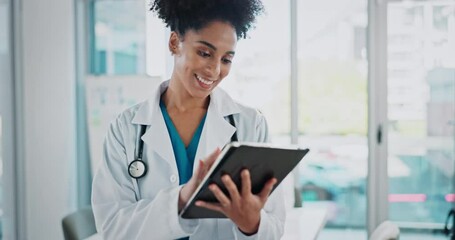 Sticker - Doctor, woman and tablet for health care in office, medical insurance and research for patient results or diagnosis. Technology, wellness app and information, working and professional advice online