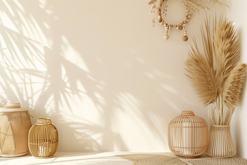 Wall Mural - Living room wall mockup in light beige neutral Japandi style interior with dried palm leaves wicker lantern and wooden beads garland on empty warm white background. 3d rendering 3d illustration