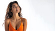 © pariketan - India woman wearing orange ribbed v-neck t-shirt smile looking up
