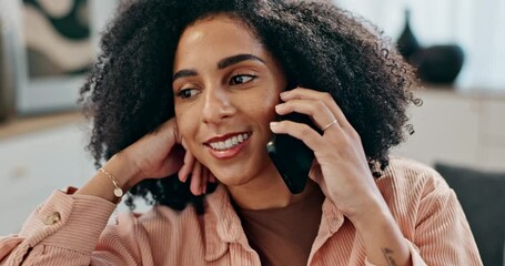 Poster - Woman, talk and happy phone call in home, online conversation and social networking on smartphone. Communication, listening and gossip with internet friend for laugh, connected and living room