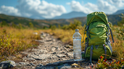 Wall Mural - Vibrant green backpack next to a clear water bottle on a desolate path