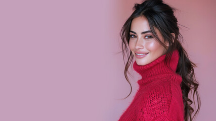 Sticker - Pakistani woman in red turtleneck sweater, fashion beauty and cosmetic