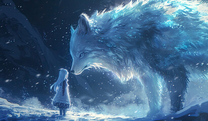 Wall Mural - A girl in a dress stands in a snowy forest next to a large white wolf.
