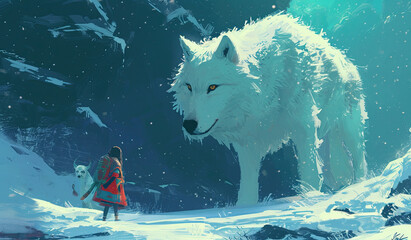 Wall Mural - A girl in a dress stands in a snowy forest next to a large white wolf.