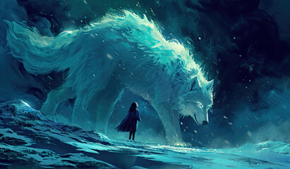 Wall Mural - A girl in a dress stands in a snowy forest next to a large white wolf.