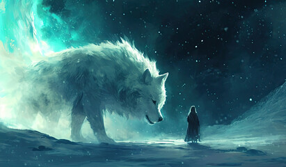 Wall Mural - A girl in a dress stands in a snowy forest next to a large white wolf.