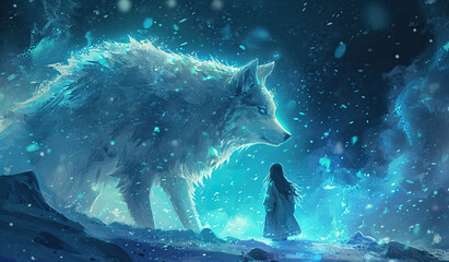 Wall Mural - A girl in a dress stands in a snowy forest next to a large white wolf.