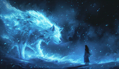 Wall Mural - A girl in a dress stands in a snowy forest next to a large white wolf.