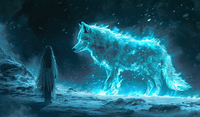 Wall Mural - A girl in a dress stands in a snowy forest next to a large white wolf.