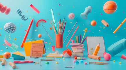 Wall Mural - Creative collage of school items in mid-air on azure background